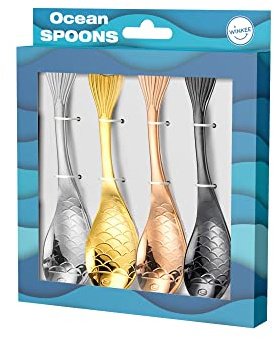 Winkee - Ozean Kaffeelöffel 4er Set - Stylische Löffel in Forellen Look | Teelöffel multicolor | Esspressolöffel | Eierlöffel | Edelstahl | Geschenk an Weihnachten, Geburtstag, Valentinstag