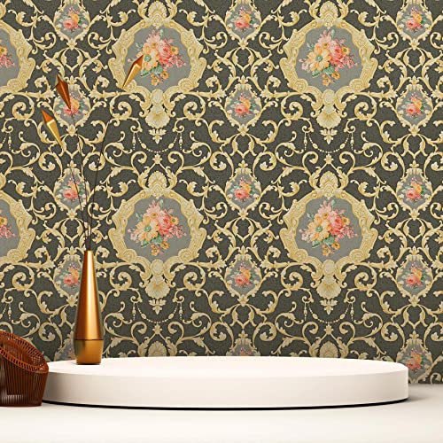 Tapet Barock Raffaele M1-No.2484 | fibertapet guld svart ornament klassisk blommor non-woven