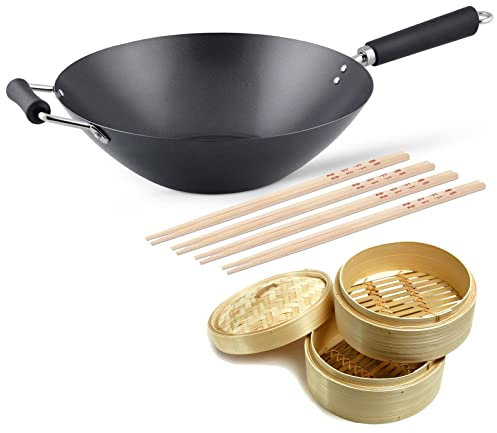 Ken Hom Wok 35 cm Induktion Karbonstahl antihaftbeschichtet mit Gegengriff - große Stielwokpfanne für Gas, Elektro & Glaskeramik - inklusive Dampfkorb Ø 20 cm und 8-tlg. Essstäbchen