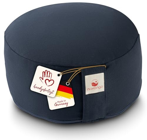 Navango® Meditationskissen - Marineblau I Rundes Yogakissen handgefertigt in Deutschland I Sitzhöhe 15cm I Verdeckter Reißverschluss I 100% Dinkelspelz Füllung I Waschbarer Bezug 100% Baumwolle