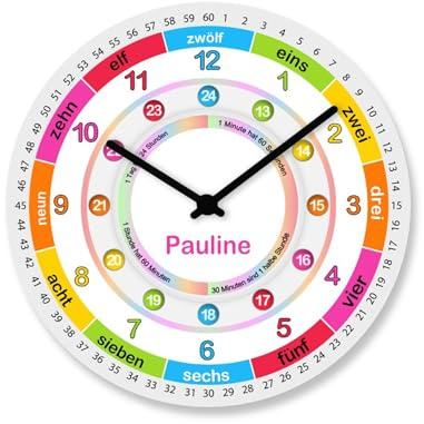 Faramosa Kinder Wanduhr bunt Lernuhr mit Namen Mädchen Schulanfang Geschenk personalisiert