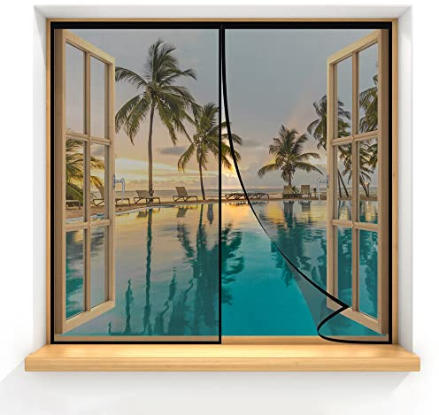 Magnetic Fly Screen Windows Black 140x145cm with Powerful Magnets and Full Frame Magic Tape Heavy Duty Bug Mesh Curtain Insect Protection Door No Gap Keep Bugs Out & Let Fresh Air in