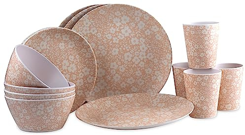 Melamine Plastic Dinner Set - Pink Daisy Flower Plate Cup Bowl (16 Piece Set)