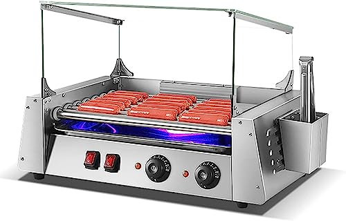 Maquina Perritos Calientes Parrilla Eléctrica For Perros Calientes De 7 Rodillos De Acero Inoxidable, Bandeja De Goteo Extraíble De Acero Inoxidable Y Cubierta De Campana De Vidrio, Con Luces LED, Per