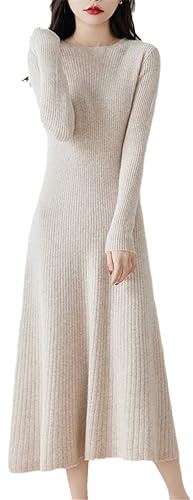 Vestido De Punto De Lana para Mujer Vestidos De Suéter Ajustados De Manga Larga Gruesos Y Cálidos Vestido Tipo Jersey De Punto De Invierno Beige L