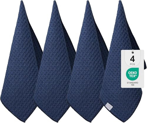 Moosfor Microfasertücher 4er-Set 40 x 70 cm Geschirrtücher Marine Blau | Dicke saugfähige, Fusselfrei Küchentücher Trocknen Geschirr und Theken Schnell, Geeignet für Küche, Barista Tuch, Haushalt