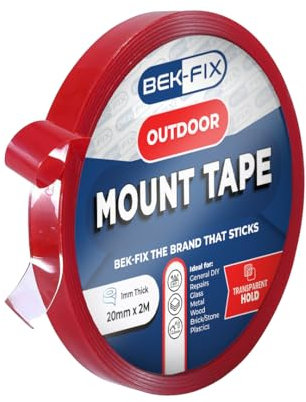 BEK-FIX® Mounting Tape, Heavy Duty Double Sided Mount Tape, Waterproof Adhesive for Brick, Glass & Metal, No Screws, Nails or Glue Needed, Indoor & Outdoor use. 1mm x 20mm x 2M