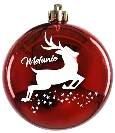 Weihnachtskugel Rentier mit Name Bedruckte aus Glas 8cm Wunschtext | Matt &Glänzend Personalisierte Christbaumkugel Groß | Weihnachten, Weihnachtsbaumschmuck | Kugeln (Glänzend, Rot)