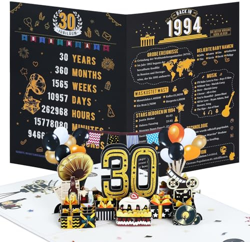 joyoldelf Geburtstagskarte zum 30, 1994 Jahrgang Geschenk, Pop Up Grußkarten, 3D Pop Up Karte Geburtstag Grußkarte, Geburtstagskarten mit Umschlag, Geburtstagsgeschenk für Männer Frauen zum Jubiläum