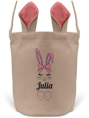 22Feels Mädchen Osterkorb Personalisiert Kinder Ostern Geschenk Tochter Enkelin Tragetasche mit Henkel Namen Hasenohren Deko Beutel Osternest Körbchen (Beige/Pink)