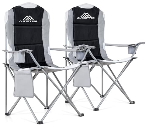 2 Pack Camping Chair,Premium Padded Folding Camping Chair, Outdoor Seats with High Back & Cup Holder & Side Pockets,Waterproof Chair 120kg Weight Capacity for Garden Picnic Beach Directors(Black)