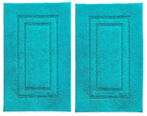 TEXTILESY 2 Piece 100% Cotton Bath Mats Luxury Terry Towelling 1000-GSM Soft Towel Mat - Shower Floor Mat - Reusable Bath Mat Set 50 x 70 cm (Teal)