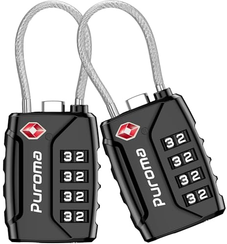 Puroma Gepäckschlösser, TSA-zugelassen, 4-stellige Kombinationskabelschlösser, zurücksetzbares Code-Schloss mit Zinklegierungskörper für Koffer, Werkzeugkasten, Rucksack, Tasche, Fitnessraum (schwarz