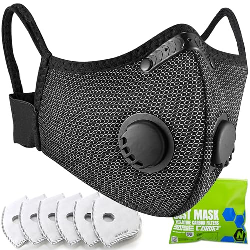 BASE CAMP Silver and Black Upgrade M Plus Dust Mask, Reusable Respirator Face Mask with 6 Activated Carbon Filters, Safety Work Masks for Woodworking, Construction, Yard Lawn Paint, Dust