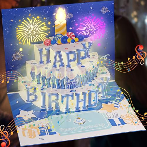 Woukksy Geburtstagskarte mit Musik und Licht Pop Up Happy Birthday Karte Geburtstag, 3D Blowable Kerzen Geburtstagskarten Set mit Umschlag Geschenke für Frau, Mann, Beste Freundin, Kinder, Mädchen
