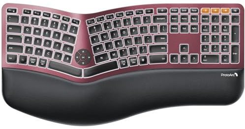 ProtoArc Backlit Bluetooth Ergonomic Keyboard, EK01 Plus Full Size Wireless Split Keyboard with Dual Bluetooth and USB, Cushioned Wrist Rest, Rechargeable, Compatible with Windows/Mac, Wine Red