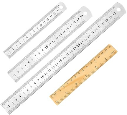 3 pezzi righelli in acciaio inox, righello metallo, bilancia a righelli in metallo, 15 cm, 20 cm, 30 cm, con 1 righello in legno, per ingegneria, insegnamento, ufficio