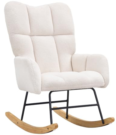 VEVOR Nursery Rocking Chair, Features a Comfortable Soft Seat and Supportive High Backrest, Teddy Fabric, Upholstered Glider for Bedroom, Living Room, Holds up to 250 lbs, in Ivory White