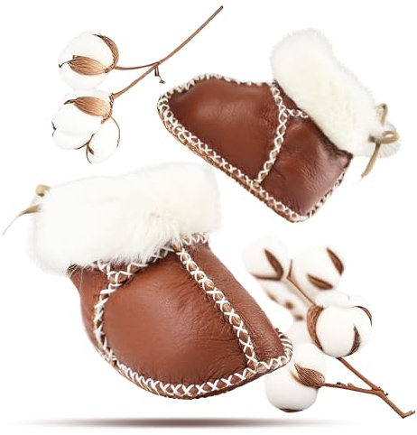 Kinder Babyschuhe aus echtem Lammfell–Unisex Krabbelschuhe für 6-18 Monate–Warm & Atmungsaktiv–Rutschfeste Sohle (Zimtbraunes Stiefel-Modell, EU Schuhgrößensystem, Baby, Alter, M, 12 Monate)