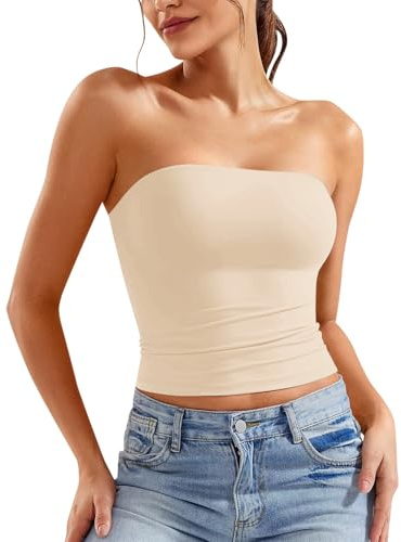 Bandeau Top para mujer Tube Crop Top Sexy sin tirantes Tops con hombros al descubierto Y2k Tops ajustados básicos, 07 beige., S