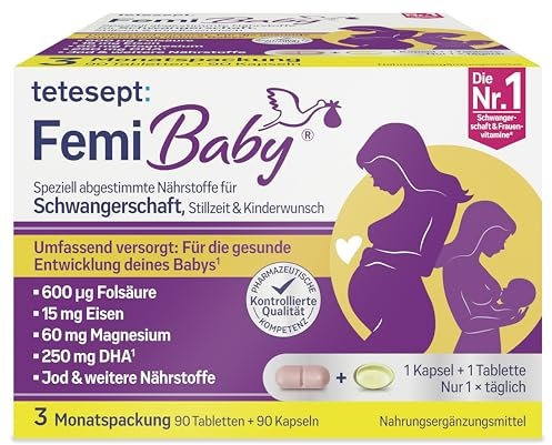 tetesept Femi Baby – 16 Nährstoffe für Kinderwunsch, Schwangerschaft & Stillzeit – mit Folsäure, Eisen, Jod + DHA – 1 x 3 Monatspackung à 90 Tabletten + 90 Kapseln NEU
