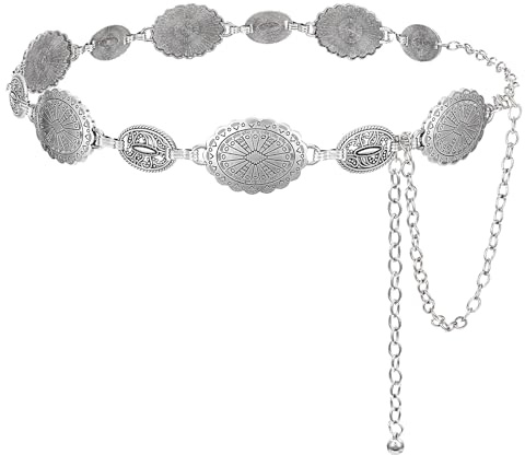 WERFORU Dam, västerländsk kedjebälte, justerbar 110–150 cm, midjekedja, metall, guld/silver, cowgirl tillbehör för klänningar, fest, bröllop, D-silver, Gesamtlänge 130cm (Passt Taille unter 115cm)