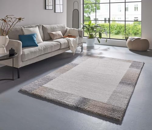 Taracarpet Moderner Flauschiger Designer Teppich in Berber Optik Gemustert in Luxus Qualität fürs Wohnzimmer, Schlafzimmer und Esszimmer grau bordüre 160x230 cm