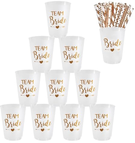 Bachelorette Party Cups, 12 Stück Braut und Team Braut Tassen Mit 12 Strohhalmen, Becher Bride Tribe Cups für Bridal Shower, Verlobungsfeier, Junggesellenabschied Party 9.8 x 5.8 cm (Transparent)