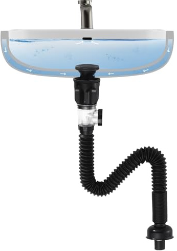 Waschbecken Ablaufgarnitur, Abflussrohr-Kit mit Überlauf für Waschbecken Abfluss, KEOKBON Siphon Waschbecken Ablaufgarnitur mit Pop-Up-Filter Abflussstopfen, 30–100 cm Erweitert Werden Können -Schwarz