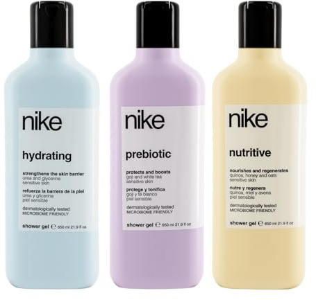 NIKE - Gel de Baño Hidratante, Nutritivo y Prebiótico 3x650 ml, Pack 3, Gel Ducha, Equilibrio Natural de la Piel, Fórmula Respetuosa con el Microbioma Cutáneo, Cuidado Avanzado de la Piel