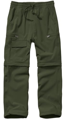 linlon Boys Kids Hiking Cargo Pants, Youth Outdoor Quick Dry UPF 50 Lightweight Waterproof Climbing Caming Safari Convertible Pants #9022-Army Green-XL