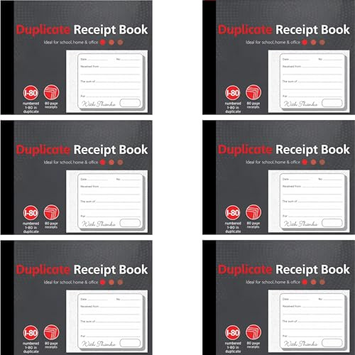 TIVADI Duplicate Receipt Book, Cash Book, A6 Size, 80 Pages, Numbered 1-80, Pack of 6 Books