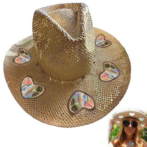 Sun Catcher Cowgirl Straw Prism Hat, 2025 New Bohemian Rainbow Star Moon Hollow Women's Hats, Hand-Woven Sun Hat for Beach Travel (UK, Alpha, One Size, B)