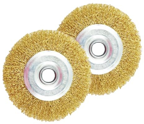 2 Pack Wire Wheel Brush Bench Brass Plated Crimped Steel Replacement Wire Brush with Arbor Hole for Patio Cleaners Efficient Rust and Debris Removal Brush ( 115x16x10mm)