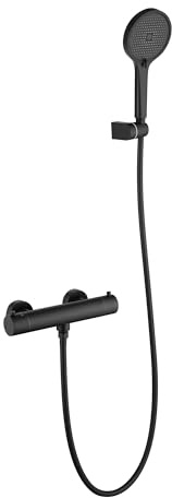 Friota Matte Black Thermostatic Shower Mixer Combi, Anti Scald 38°C | Constant Temperature Control Shower Mixer Bar, Safety Lock Exposed Wall Mounted Bath Shower Mixer Taps with Hand Shower Set