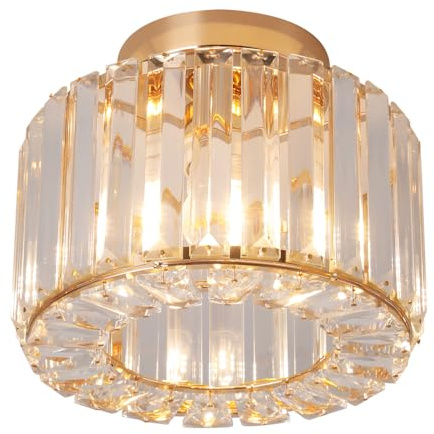 Kadomm Moderne Kristall Deckenleuchte für Wohnzimmer, Halb-Einbau-Deckenleuchten mit E27-Sockel, Kronleuchter Deckenlampe Geeignet für Flur, Schlafzimmer, Küche und Badezimmer, Rund, Dia 20cm, Gold
