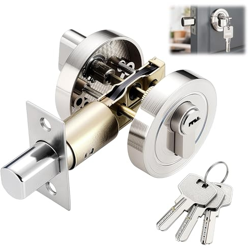 Wxeadu Single Cylinder Deadbolt, Round Security Door Lock with Key, High-Hardness 304 Stainless Steel and Copper for 35–50mm Bedroom Door Lock, Bathroo Lock, Internal Doorlock and Exterior (Silver)