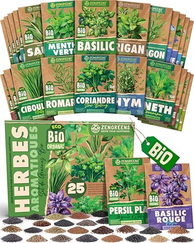 ZenGreens® - Set di Semi di Erbe Aromatiche bio (25 pezzi) - 25 Semi di Erbe Aromatiche per Coltivazione Facile in Giardino, Balcone o Serra - Semi da Piantare - Sementi