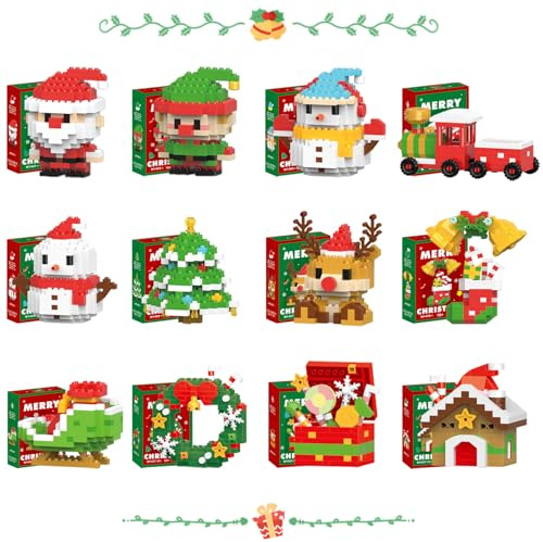 LIKLIKLINK 12 Set Weihnachts Mini Bausteine Bausatz, DIY-Weihnachtsbausatz Kreatives Klemmbausteine Weihnachtsdekoration für Zuhause, Miniatur-Bausteinset Geschenk für die Weihnachtsfeier