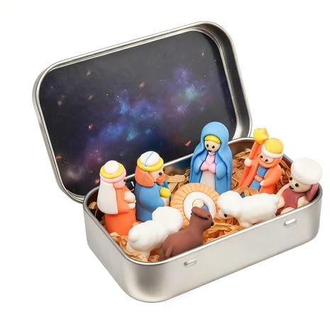 Henjunu Presepe con figure, presepe natalizio, figure del presepe, decorazione natalizia per interni, in scatola di metallo