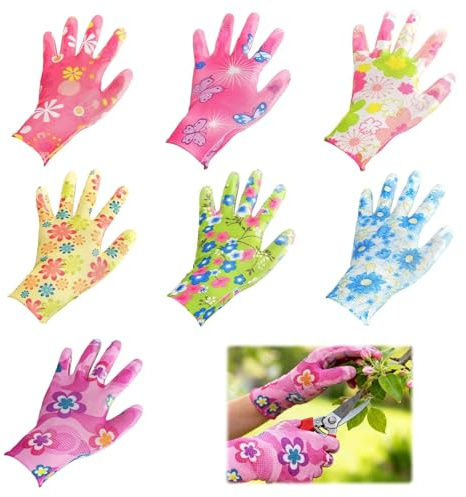 JYYWTSI 7 par trädgårdshandskar för kvinnor, handskar för trädgård, arbetshandskar med latexbeläggning och blommönster, trädgårdshandskar för kvinnor för plantering trädgårdsarbete trädgårdsmontering