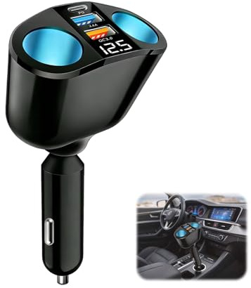 120W Car Cigarette Lighter Multi Socket, USB C QC3.0 PD, Dual 12V Splitter Adapter, 360° Rotating Car Multi-Socket Lighter Extension with LED Voltmeter for Phones GPS Dashcam Vehicle