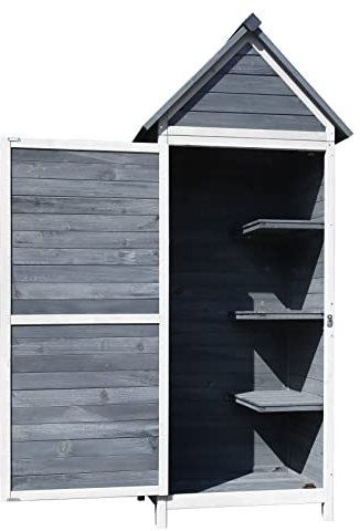 Wiltec Gartenschrank aus Holz grau 77x53x179cm mit Tür, Satteldach und Bitumenisolierung Gerätehaus Werkzeughaus Geräteschrank Werkzeugschrank Geräteschuppen