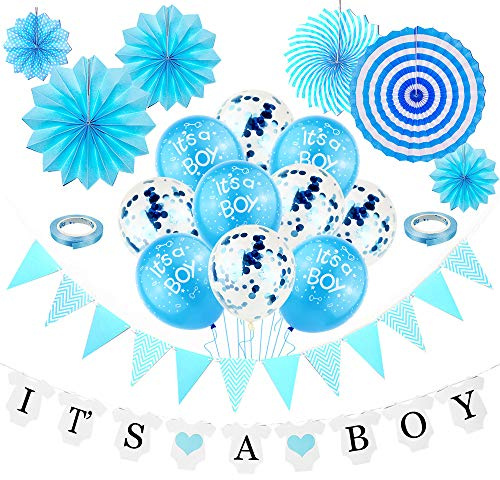 Cojoy Baby Shower Decorazione per Feste, It's A Boy Banner, Palloncini in Lattice, Bandierine Blu, Ventole di Carta 6 Pezzi, Palloncini 5 Pezzi con Confetti Interni per Baby Boy Party