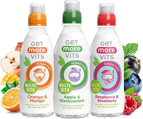 Get More Vits Kids Drinks - Flavoured Water with Vitamin D & B Vitamins for Energy & Immunity - Sugar Free, Low Calorie & Vegetarian Mixed Still Water Multipack - 330ml Bottle, Pack of 12