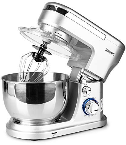 Duronic SM104 Batteur électrique sur socle 1000W | Robot pâtissier avec crochet fouet et batteur plat | Bol de 4 L avec couvercle | 6 vitesses et fonction pulse | Pour pains, brioches, gâteaux