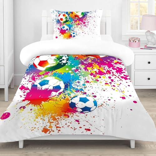 MUSOLEI Football Single Duvet Covers Set Boys Sport Bedding Sets for Kids/Children/Girls Multi-Colored Graffiti Quilt Cover Matching Quit Cover 135X200cm + 1 Pillowcase 50X75cm Soft Microfiber