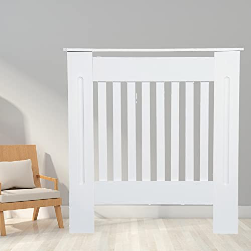 White Radiator Cover Grill Shelf Cabinet, MDF Wood Modern Traditional Furniture, Top Heaters Cover Wooden Wall Cabinet Slatted Grill Vertical Stripe Pattern, Small, H 82 x W 78 x D 19 cm