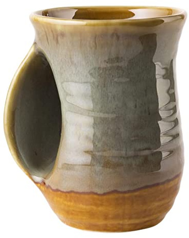 Hand Warmer Mug, Handmade Pottery Ceramic and Hand Painted - The Contoured Pocket will Hold Warmth From The Heat Of Your Drink To Keep Your Fingers Warm, Comfy Handwarmer (Desert Green) (Left hand)