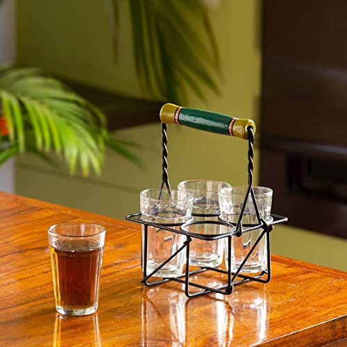 ExclusiveLane 'The Railway Nostalgia' Tea Glasses with Iron Holder (Set of 4, 120 ML) - Cutting Chai Glasses with Stand Indian Style Tea Glass Tea Cup Handpainted Iron Carrier Stand Organizer